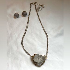 Gold tone necklace and earring set with raw stones